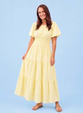 THML Women's Yellow Puff Sleeve Tiered Midi Dress Size M